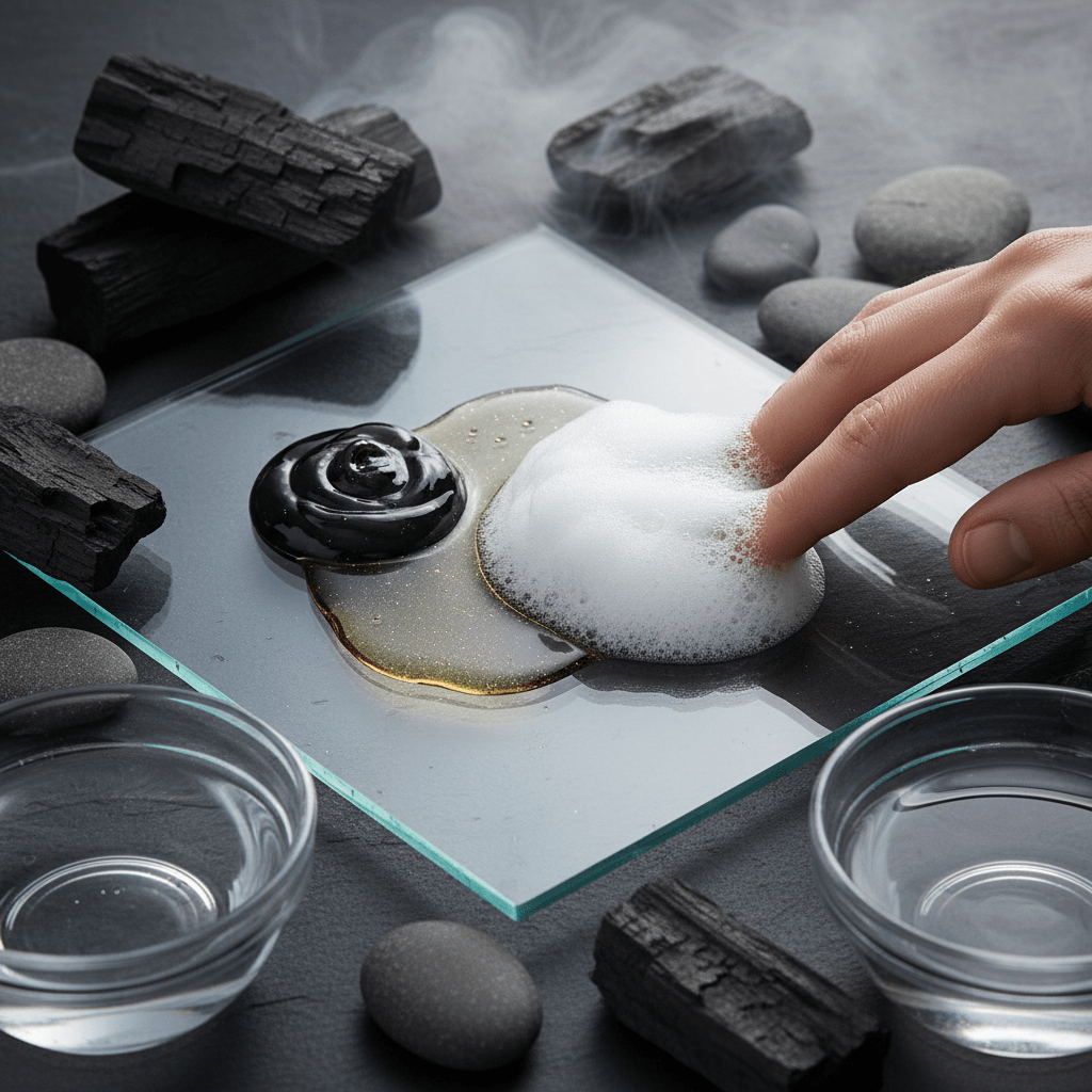 Charcoal face wash transforms from gel to oil to foam on glass.