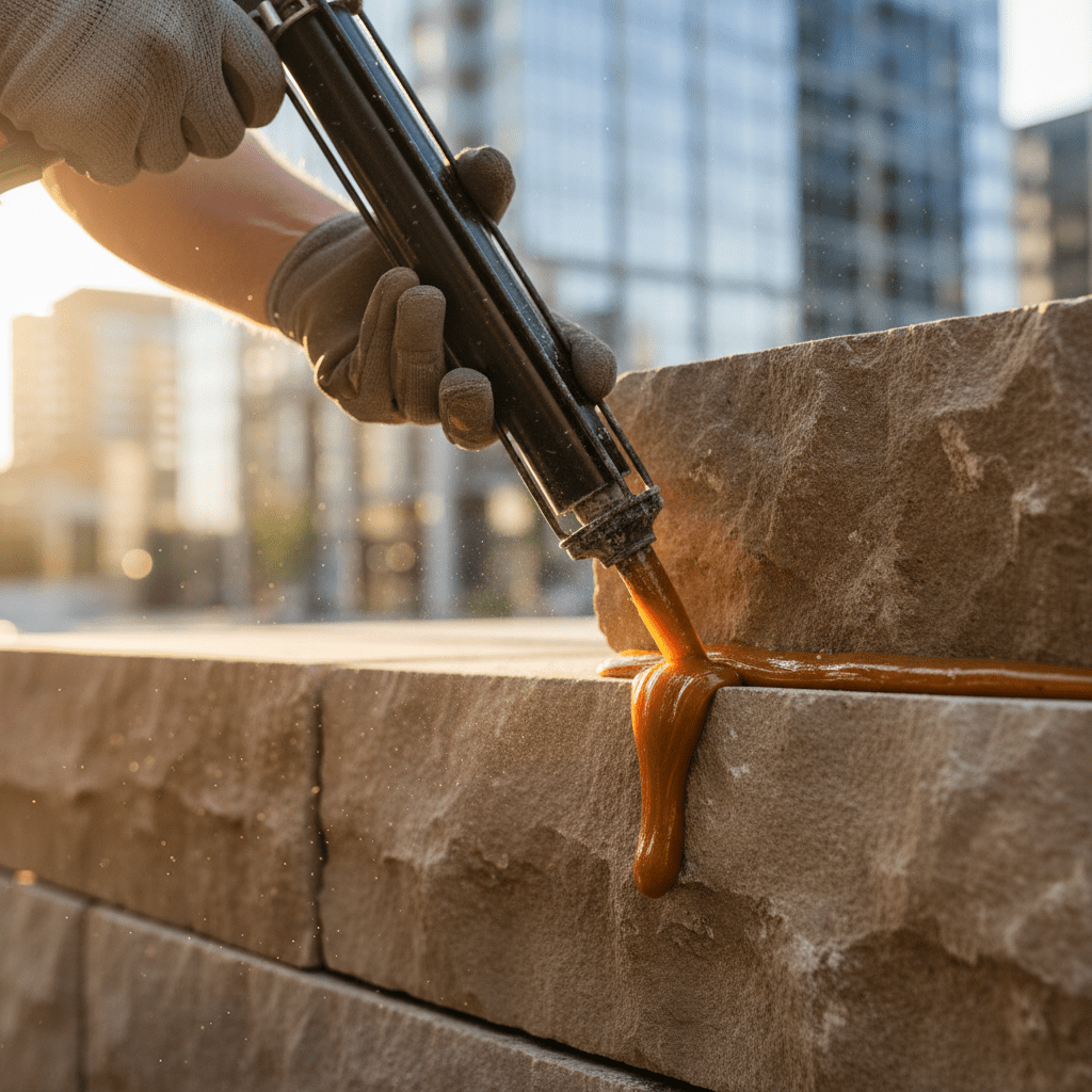 Cordless caulking gun applying adhesive to textured landscape stone blocks.