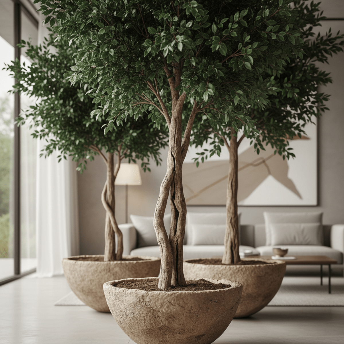 Faux tree with detailed recycled plastic leaves in an eco-composite planter.