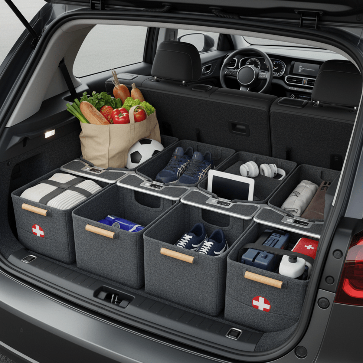 Organized subcompact car trunk with modular storage, adjustable panels, and cubbies.
