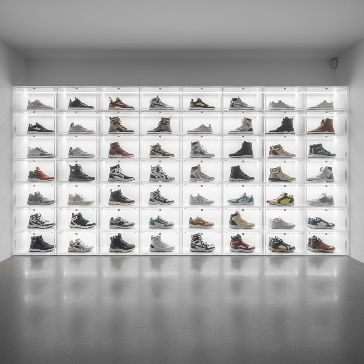 Premium sneakers softly glowing in clear acrylic display boxes with LED lighting.