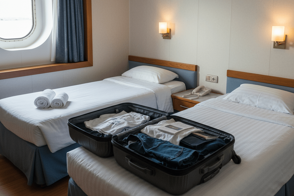 Neatly arranged cruise cabin with partial luggage packing under soft natural and ambient light, representing travel interruptions
