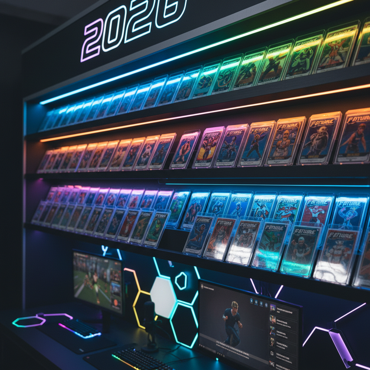 Trading cards displayed on custom shelves with vibrant RGB LED lighting, showing holographic effects.