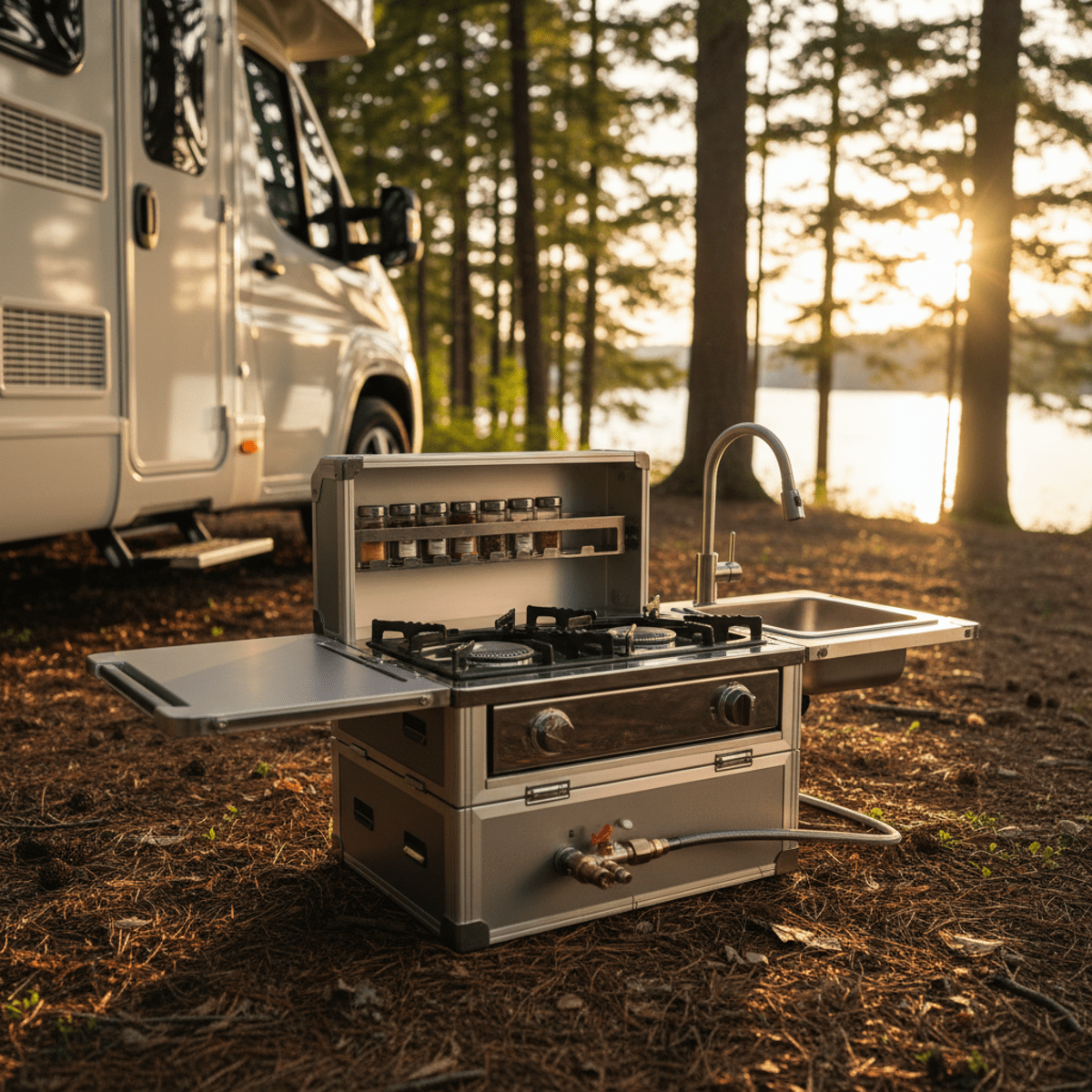 Compact outdoor gas stove with prep surfaces next to a camper van in a forest.
