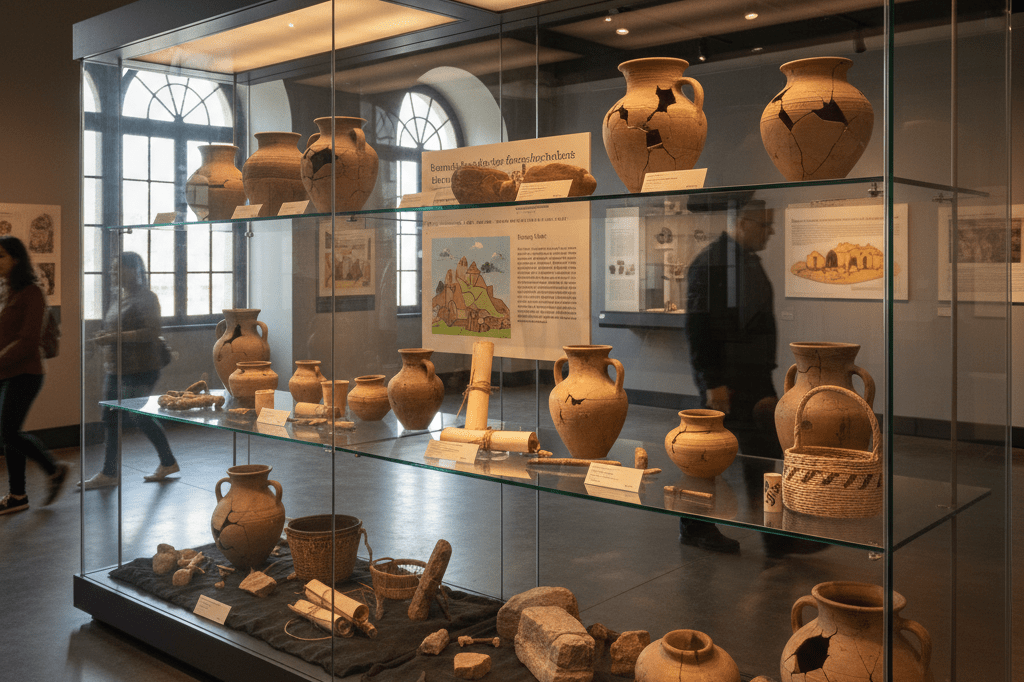 Wide shot of museum shelf featuring replica artifacts and tools under natural light, evoking historical interest