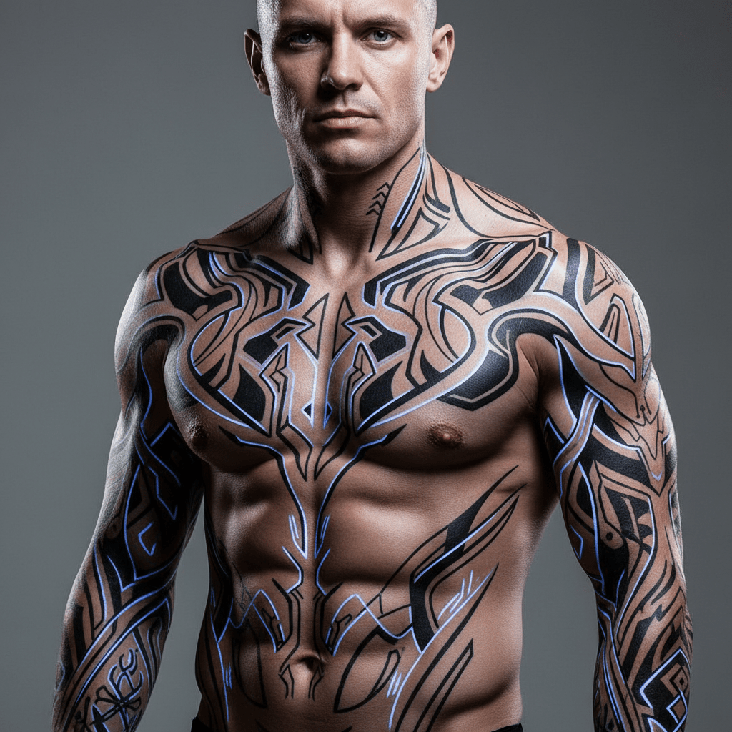 Man with glowing cyber-sigilism tattoos and circuitry on his muscular upper body.