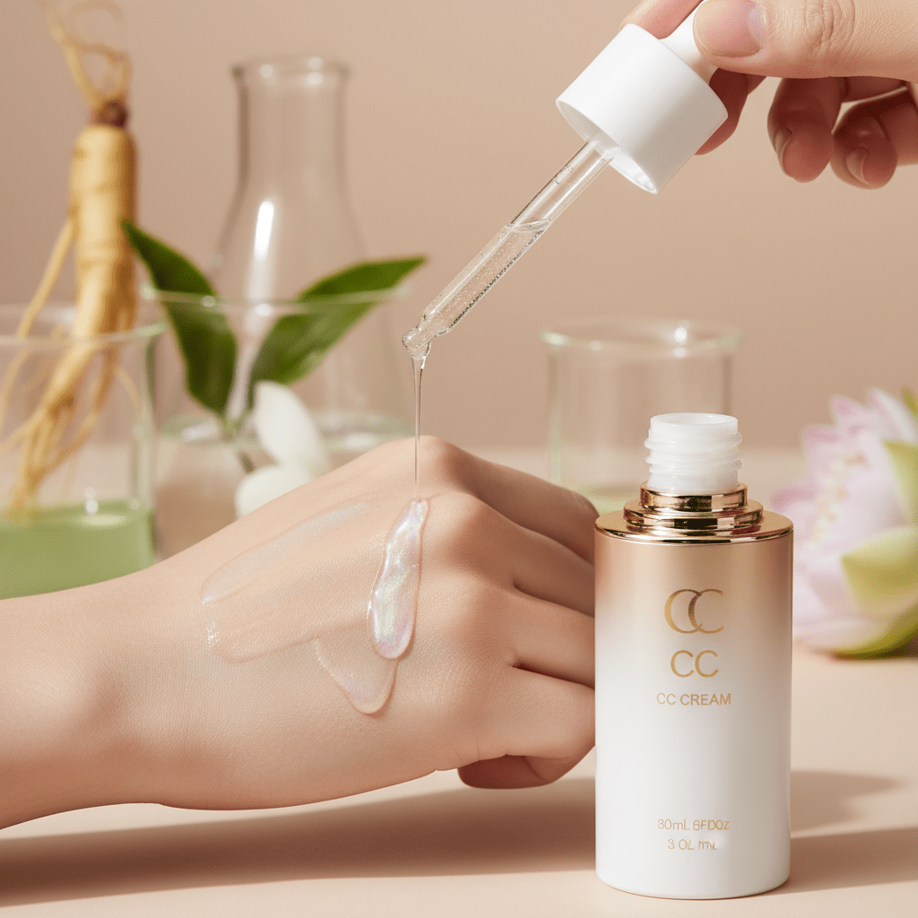 Korean cc cream essence drips onto hand, showing hydrated, naturally covered skin.