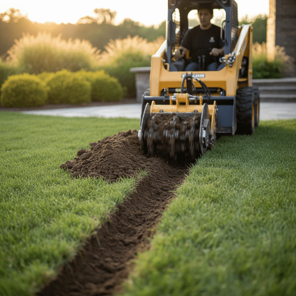 Mini skid steer with trencher attachment cuts a narrow trench for fiber optics.