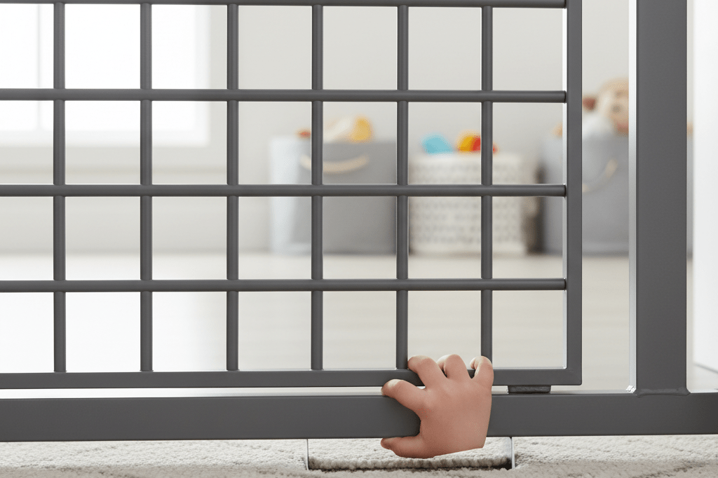 Detailed view of a gray retractable gate with unsafe floor clearance, emphasizing child safety risks under natural lighting