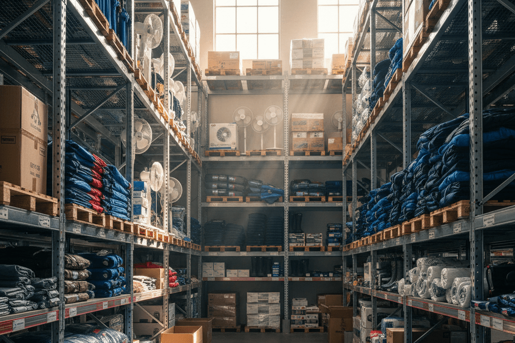 Shelves filled with climate-driven products in an industrial warehouse setting under natural lighting