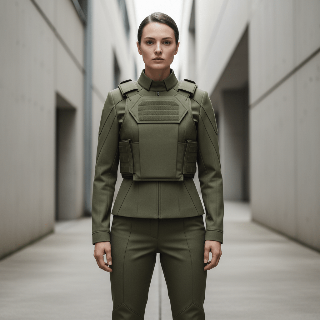 Full-body view of a futuristic combat uniform in elevated olive drab with tactical vest.