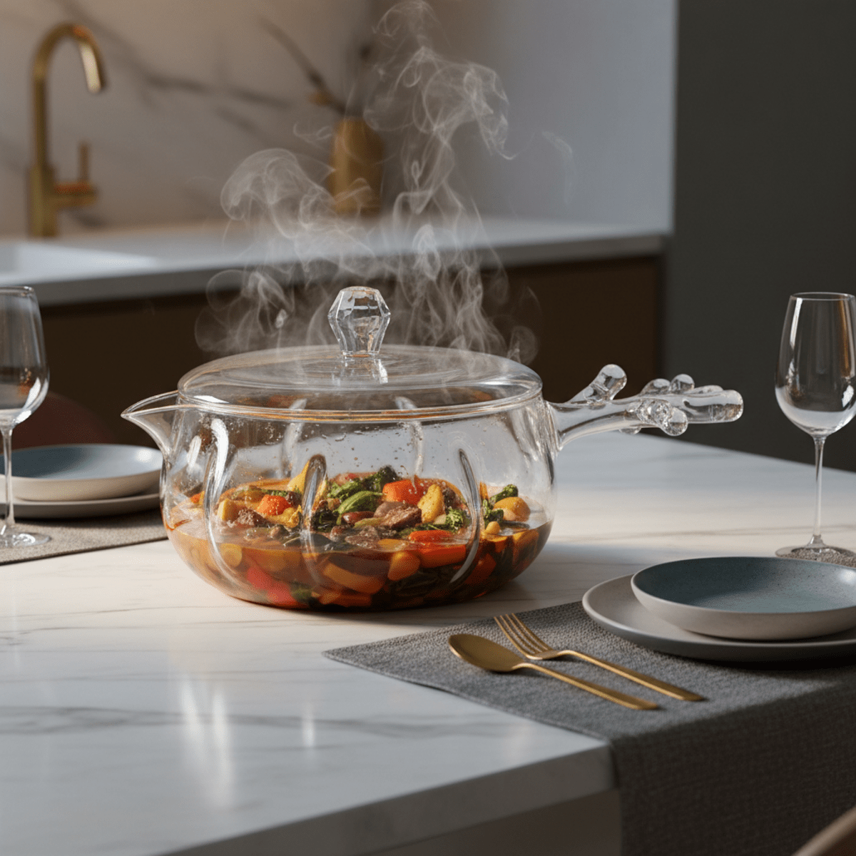 Artistic glass cooking pot with branch handle holding simmering stew.