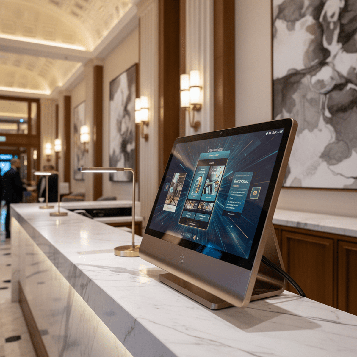 Sleek bronze all-in-one computer on a marble desk in a luxury hotel lobby.