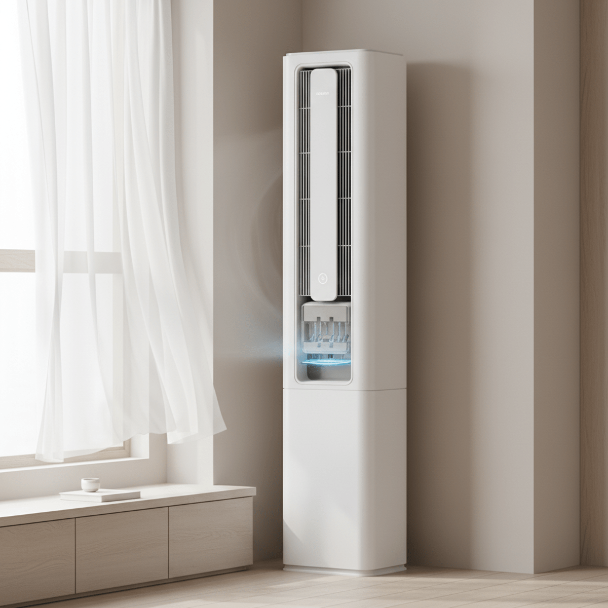 Slim, matte white futuristic air conditioner with oscillating fin for vertical windows.