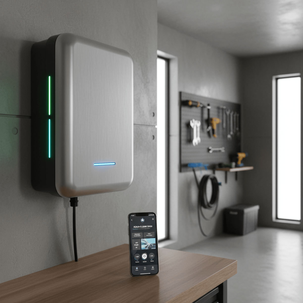 Sleek futuristic wall-mounted power washer in a smart garage with LED indicators.