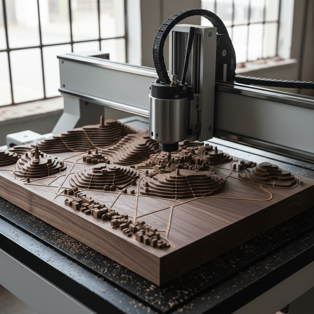 Industrial wood router carves a walnut cityscape topographic art piece.