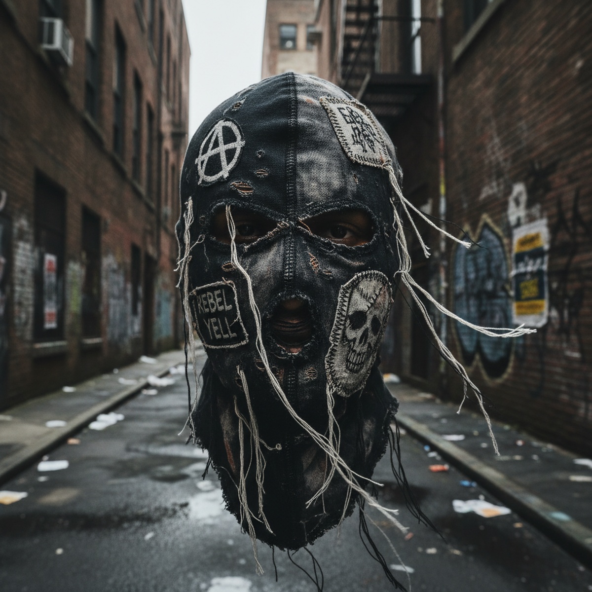Bleached-out grunge shiesty mask with rips and patches in an urban alley.