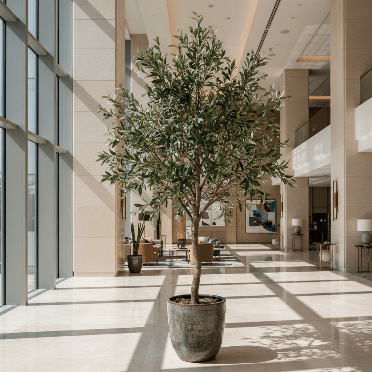 Faux olive tree with delicate leaves in a luxury hotel lobby with marble floors and natural light.