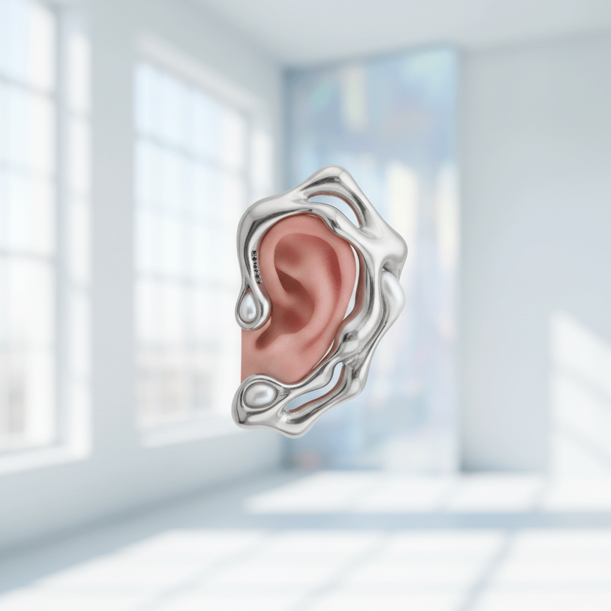 Bold sculptural ear cuff with molten silver alloy, flowing shapes, and pearl resin details.