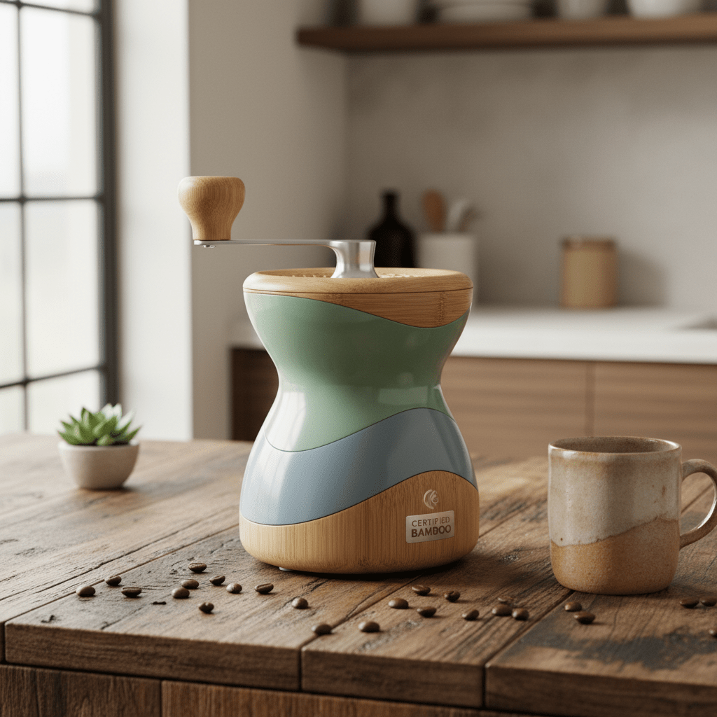 Sustainable coffee grinder made of recycled plastic and bamboo on a wooden counter.