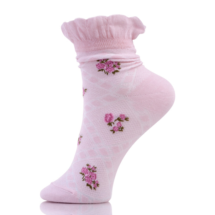 Sustainable Breathable Floral Anti-Slip Sweat-Absorbent Knit Sock Company Woman Flowers Pink Frilly Socks