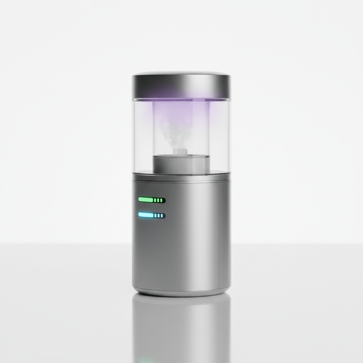 Sleek 2026 portable nebulizer with matte silver finish and violet UV-C glow.