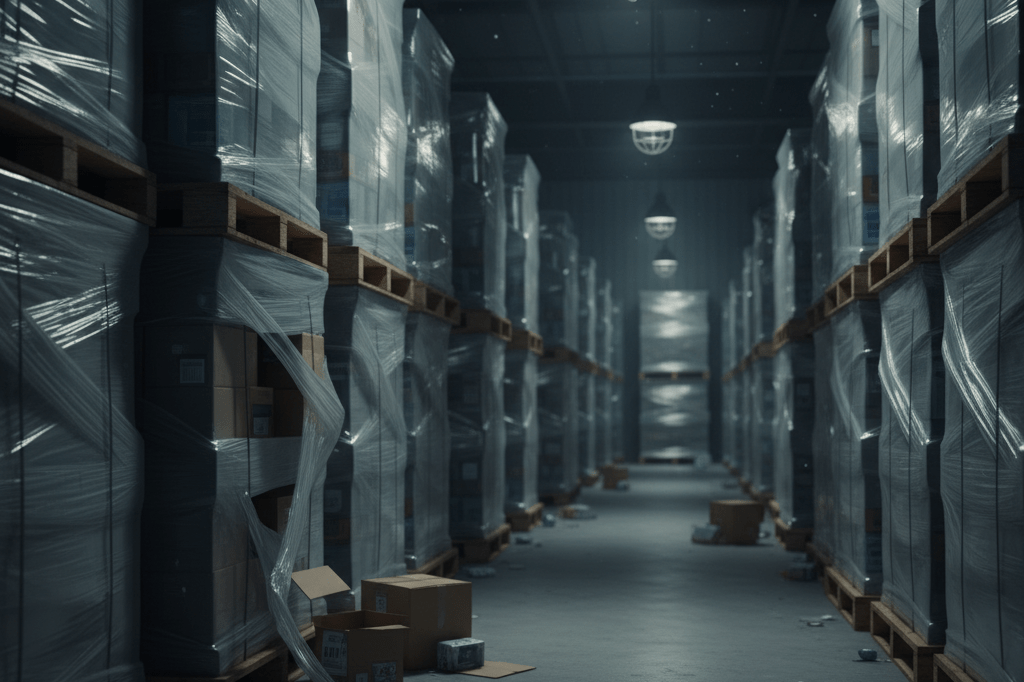 Warehouse aisle with stacked pallets showing evidence of tampered packaging under ambient industrial lighting