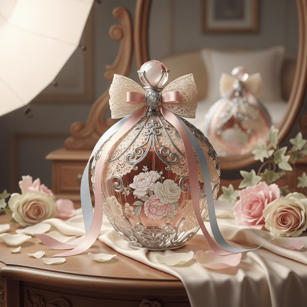 Intricate Neo-Victorian perfume bottle with lace, silk ribbons, and botanical illustrations.