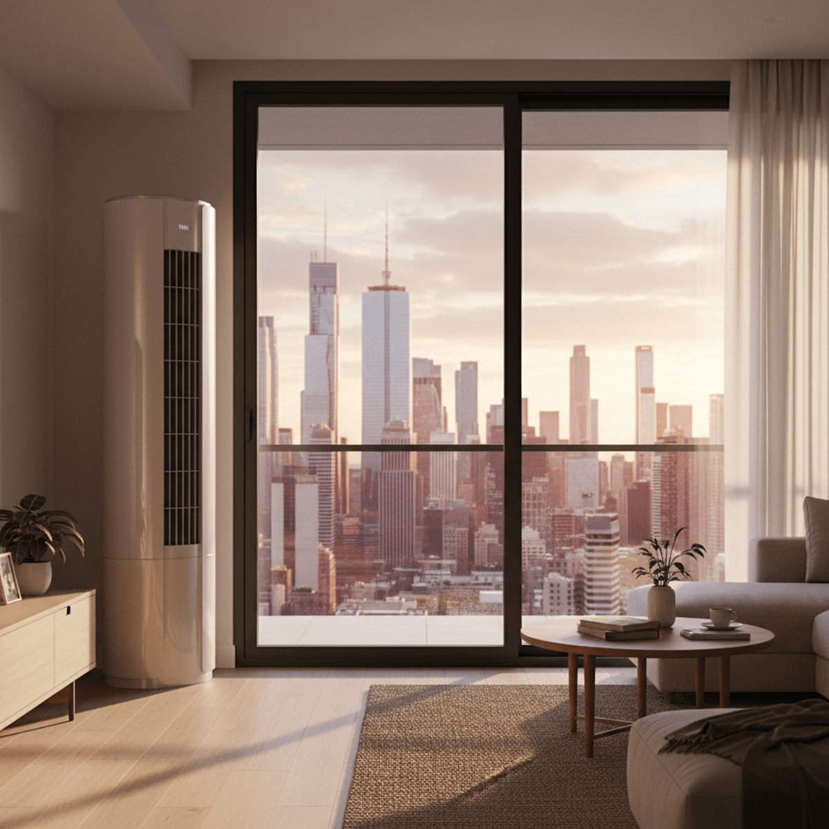 Modern air conditioner by sliding door, city skyline at golden hour.