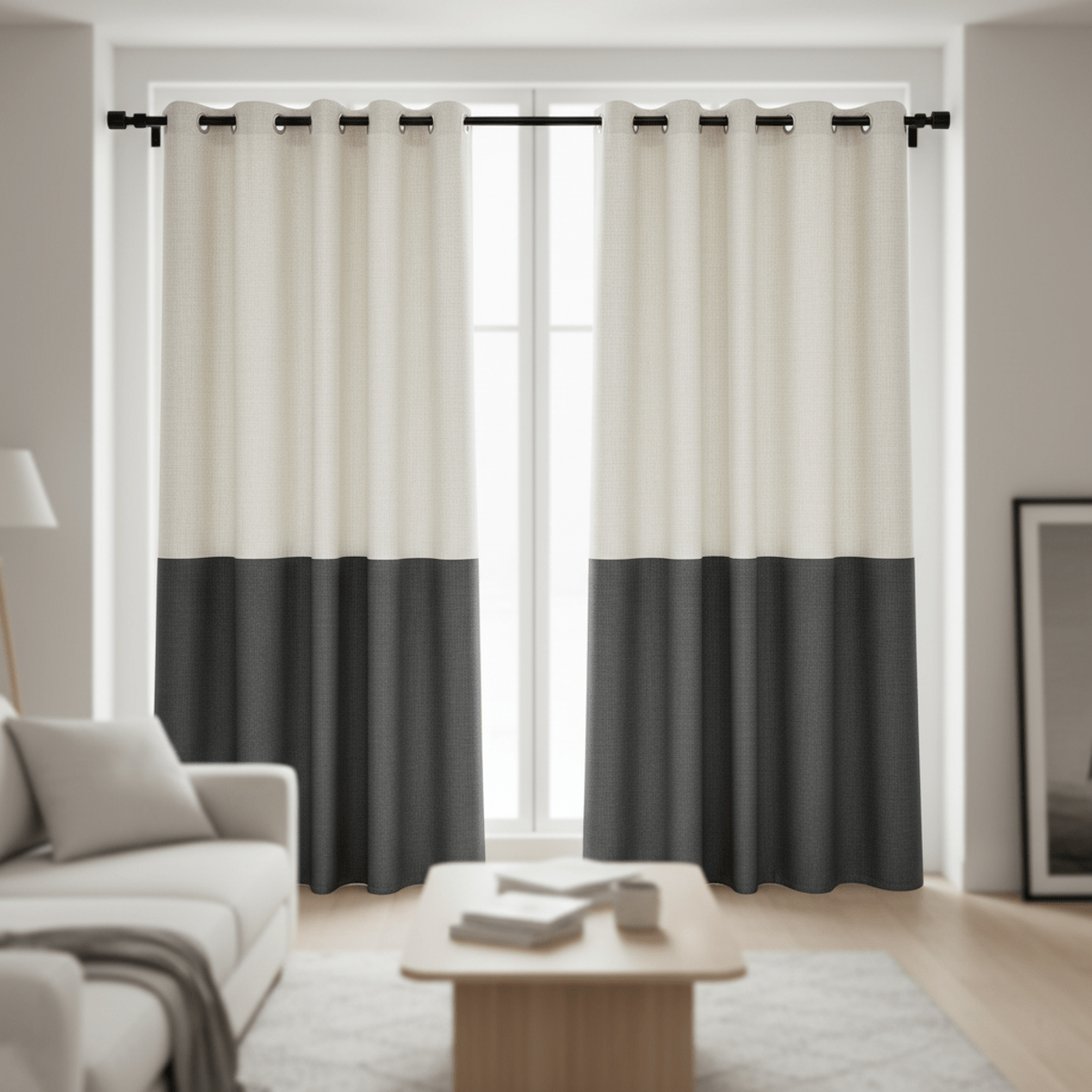 Modern cream and charcoal color-blocked living room curtains. Elegant color-blocked curtains in cream and charcoal framing a window.