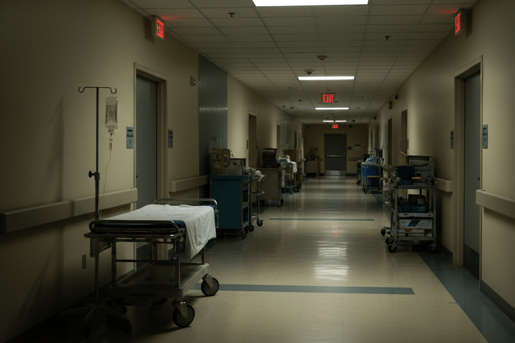 Wide shot of dimly lit hospital corridor with medical equipment hinting at workforce shortages and operational stress