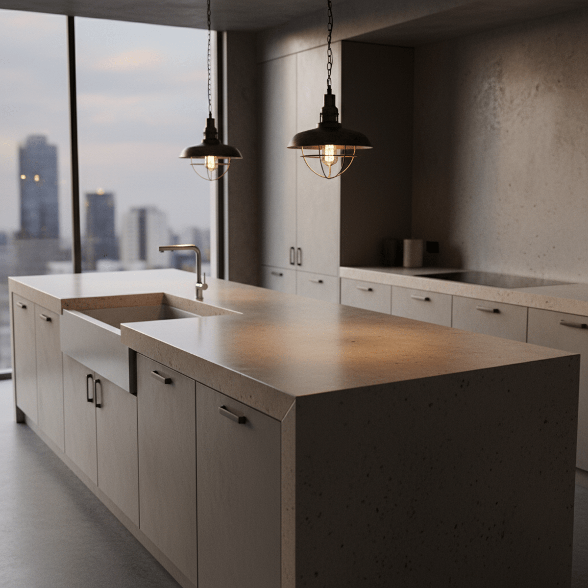 Warm gray pre-cast concrete countertops with a beveled edge in a modern kitchen.