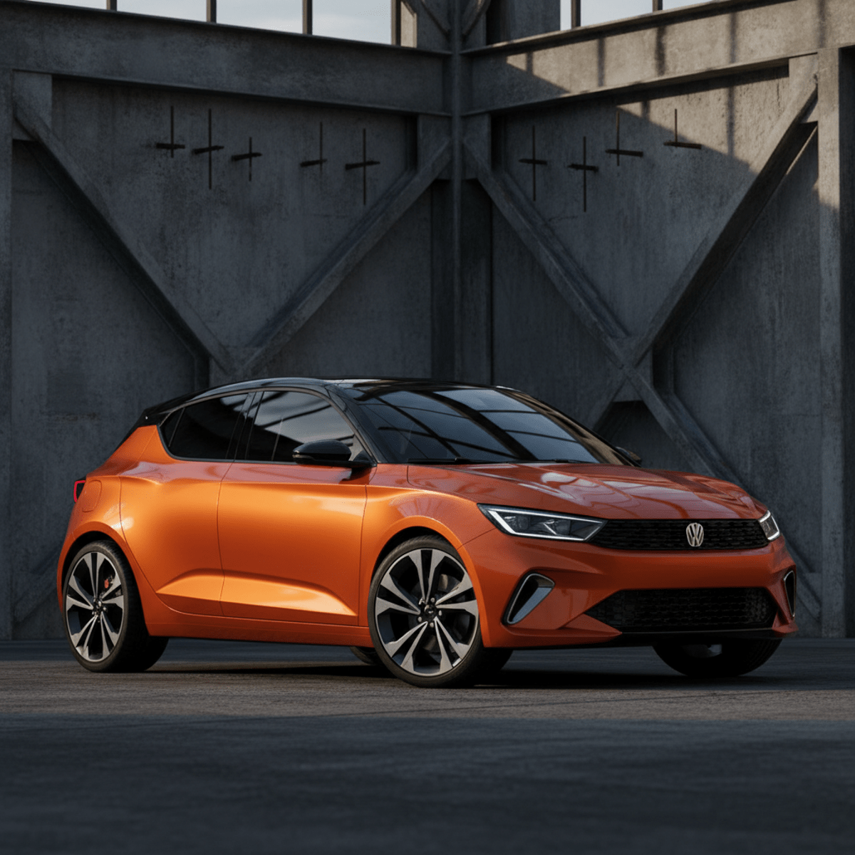 Sporty subcompact car with solar orange paint and glossy black roof in an industrial setting.