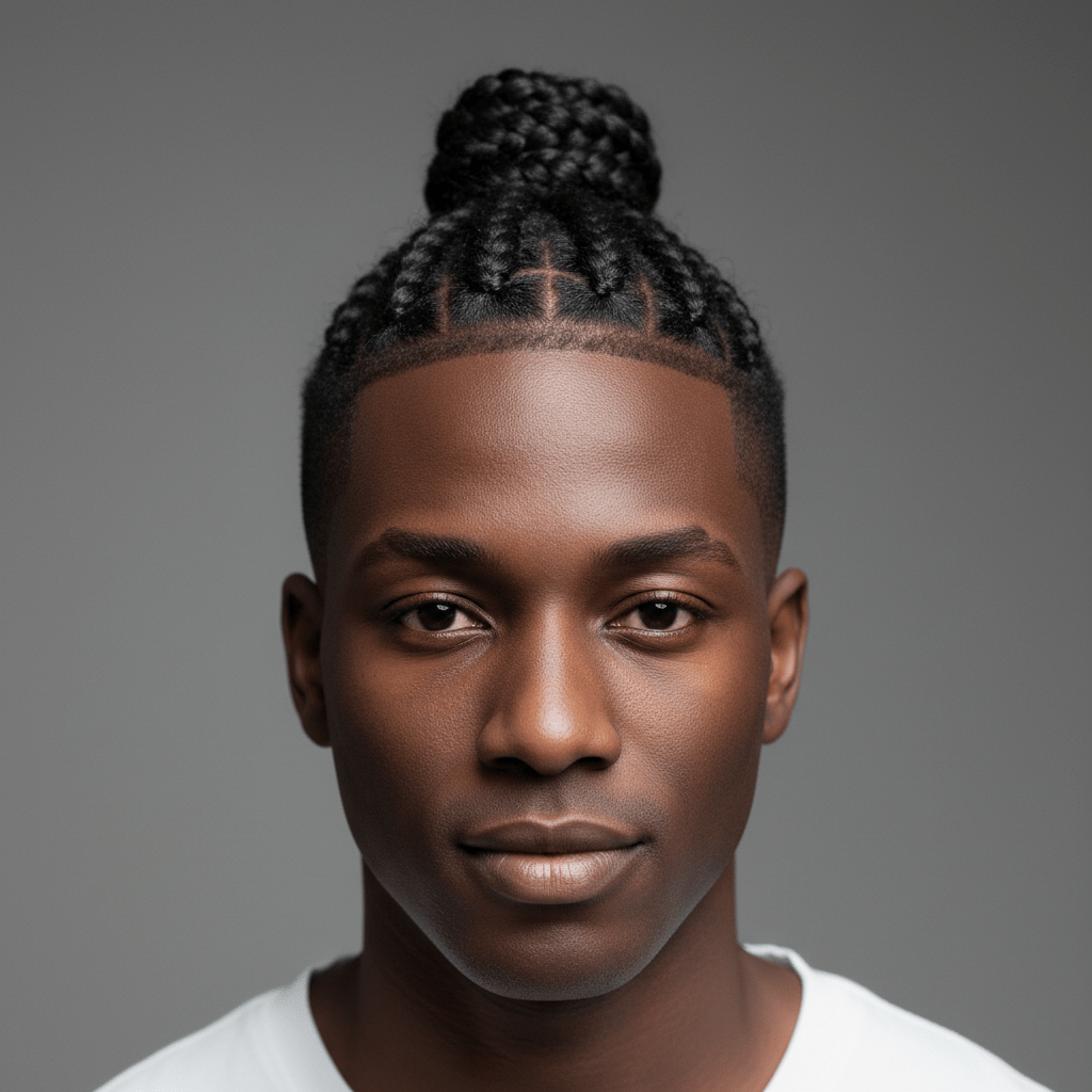 Black man with a minimalist rope braid top-knot and high-contrast fade.