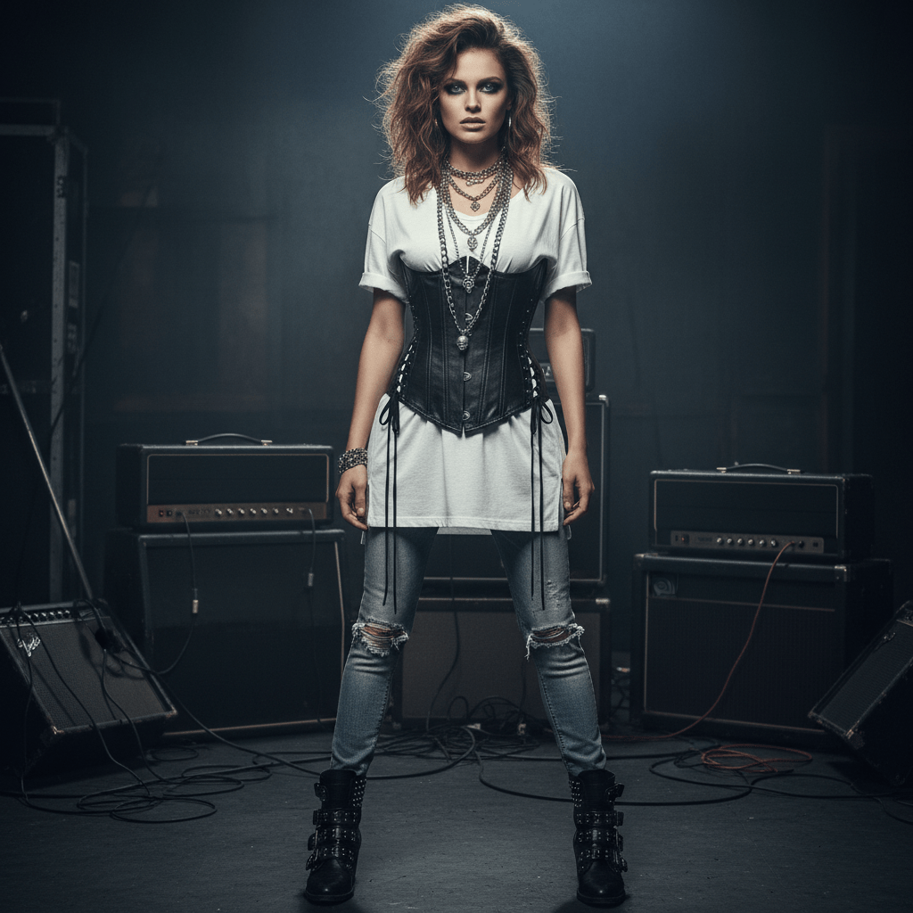Model in 80s rock fashion with leather corset and studded boots.