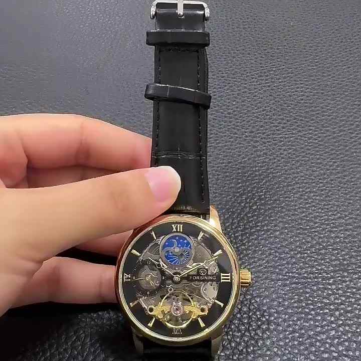 FORSINING Orologio Uomo Automatico Scheletro - Dodecagono, Numeri Romani, Cinturino Pelle, Argento/Blu, Impermeabile 30m