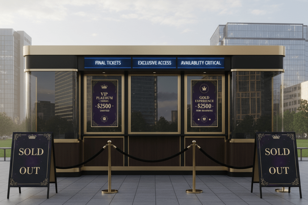 Exclusive festival ticket booth showcasing sold-out premium packages Wide shot of elegant ticket booth with sold-out signs and digital displays under natural lighting