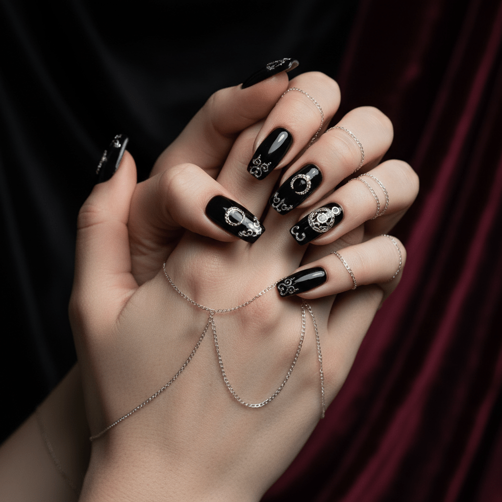 Intertwined hands with glossy black nails featuring silver embellishments and Gothic charms.