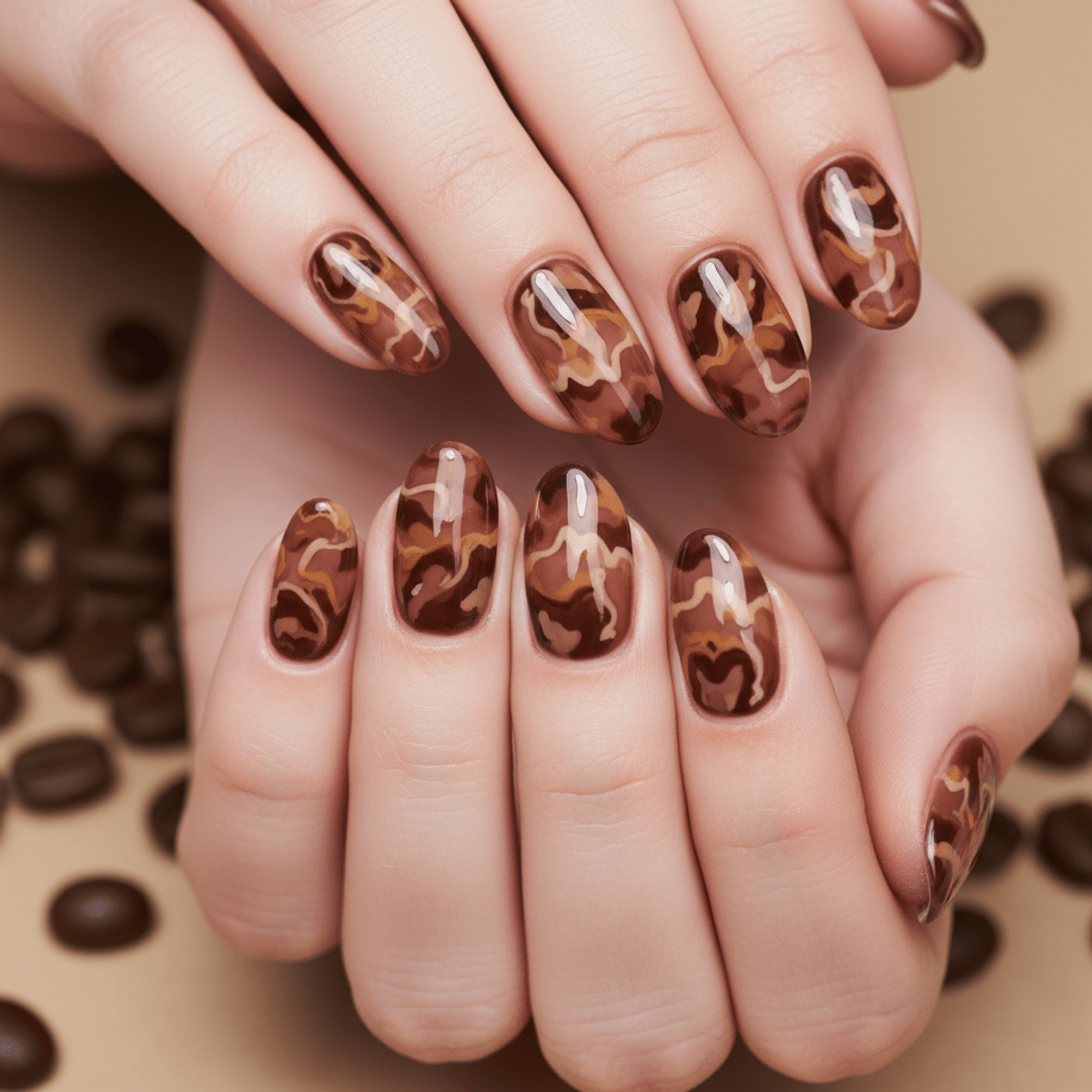 Close-up of mocha mousse nails with a translucent tortoiseshell pattern in warm, layered tones.