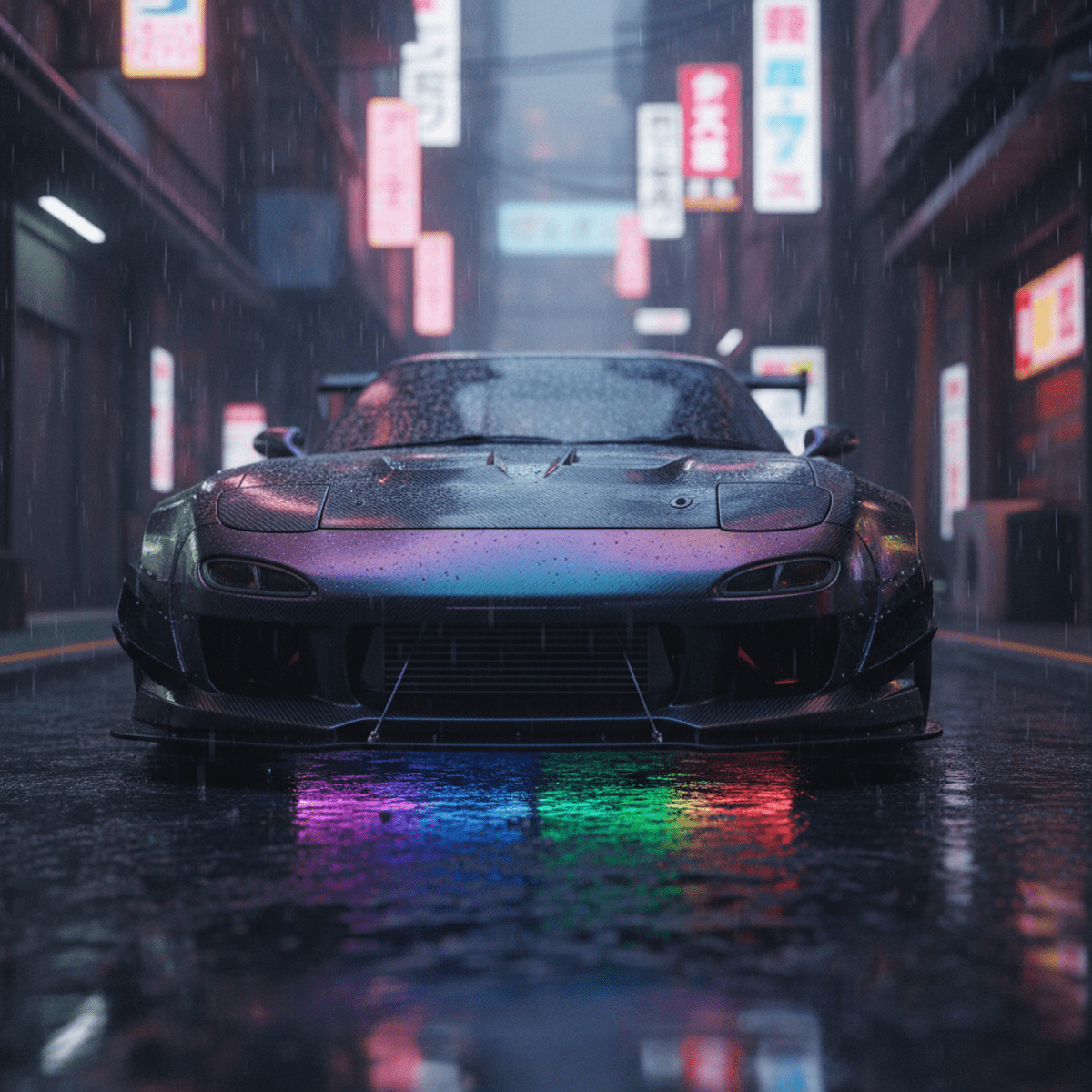 Futuristic cyberpunk sports car with RGB underglow in a rain-slicked Neo-Tokyo alley.