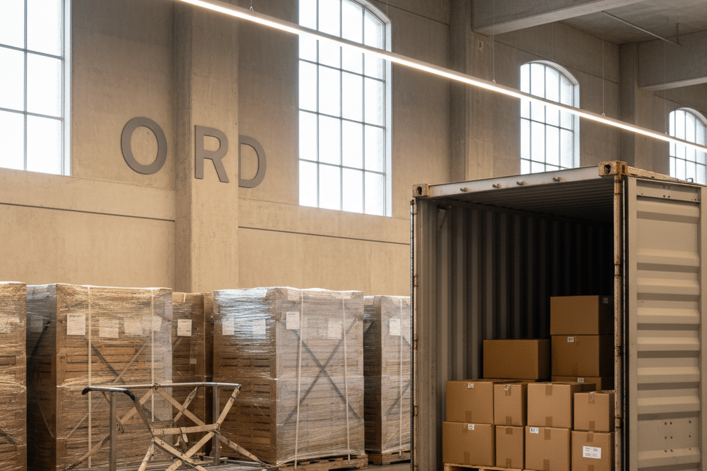 Medium shot of neutral-toned shipping pallets and cargo equipment in an O'Hare airport logistics zone under natural and overhead lighting