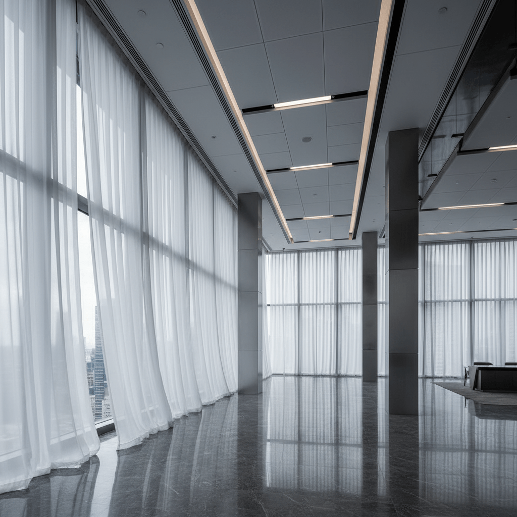 Sheer white automatic curtains descend from an architectural ceiling in a modern commercial space.