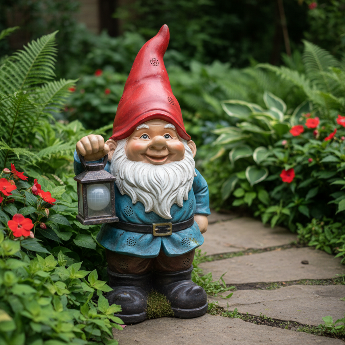 Whimsical ceramic gnome statue acts as an ultrasonic cat repellent in a lush garden.