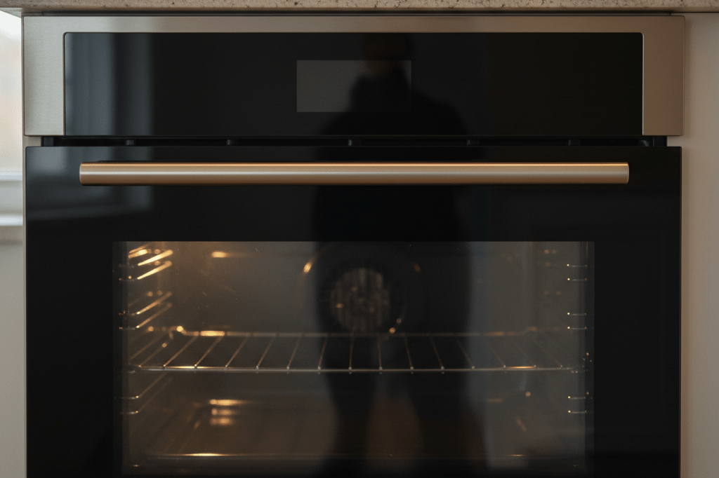 Close-up view of a generic oven's control panel and handle under natural light, with subtle hints at product recall documentation nearby