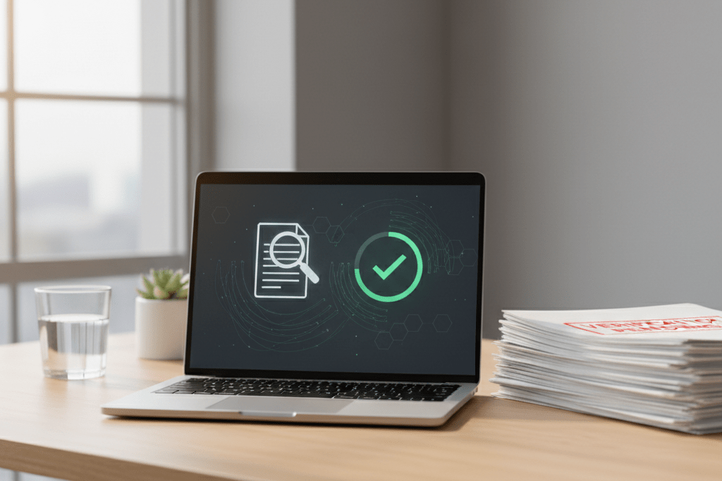 Medium shot of laptop showing secure verification interface beside blurred financial documents on a sunlit office desk