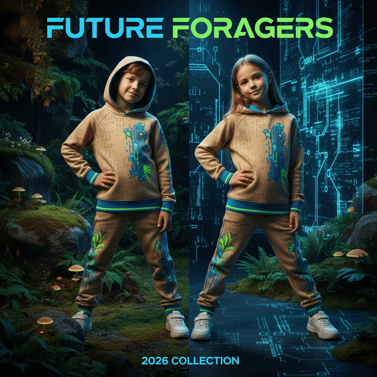 Children in beige sweatsuits with blue/green accents in a digital-botanical studio.