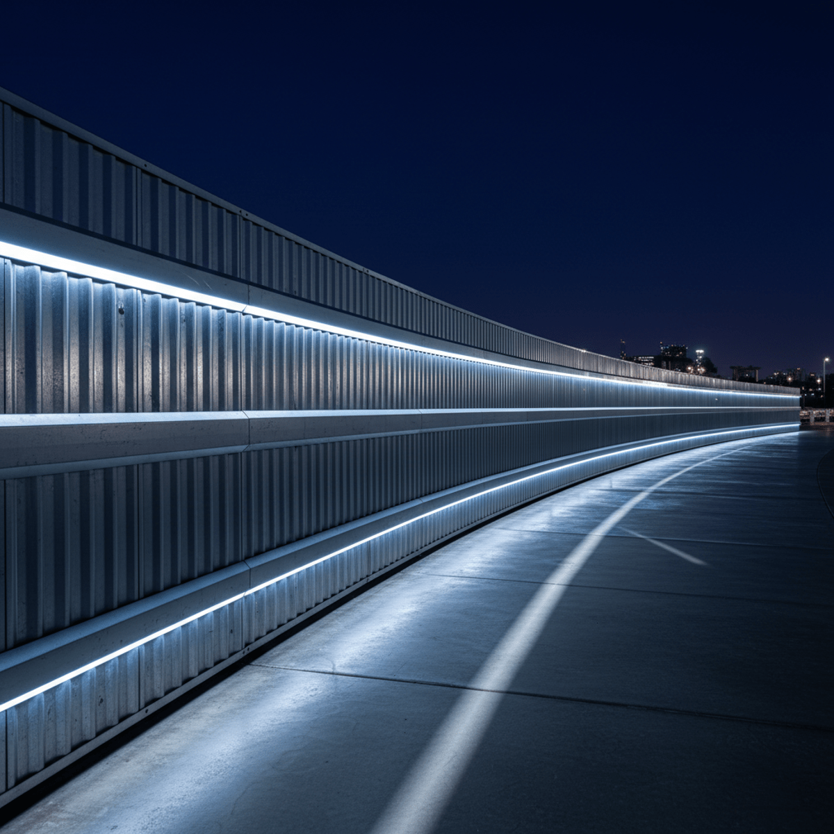Corrugated metal fence with integrated LED lights illuminated at night.