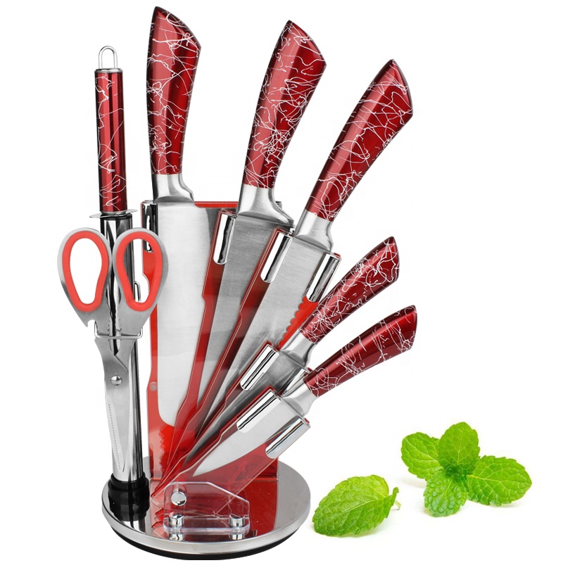 Удивительные продукты 2021 хорошее качество блестящие красные королевские 8 шт. из нержавеющей стали поварские ножи набор кухонных ножей с акриловой подставкой
