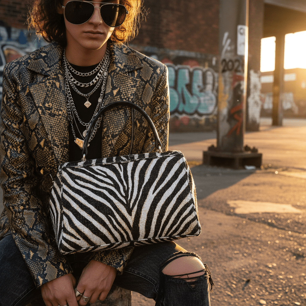 Upcycled zebra stripe handbag with metallic thread, paired with snakeskin jacket and denim.
