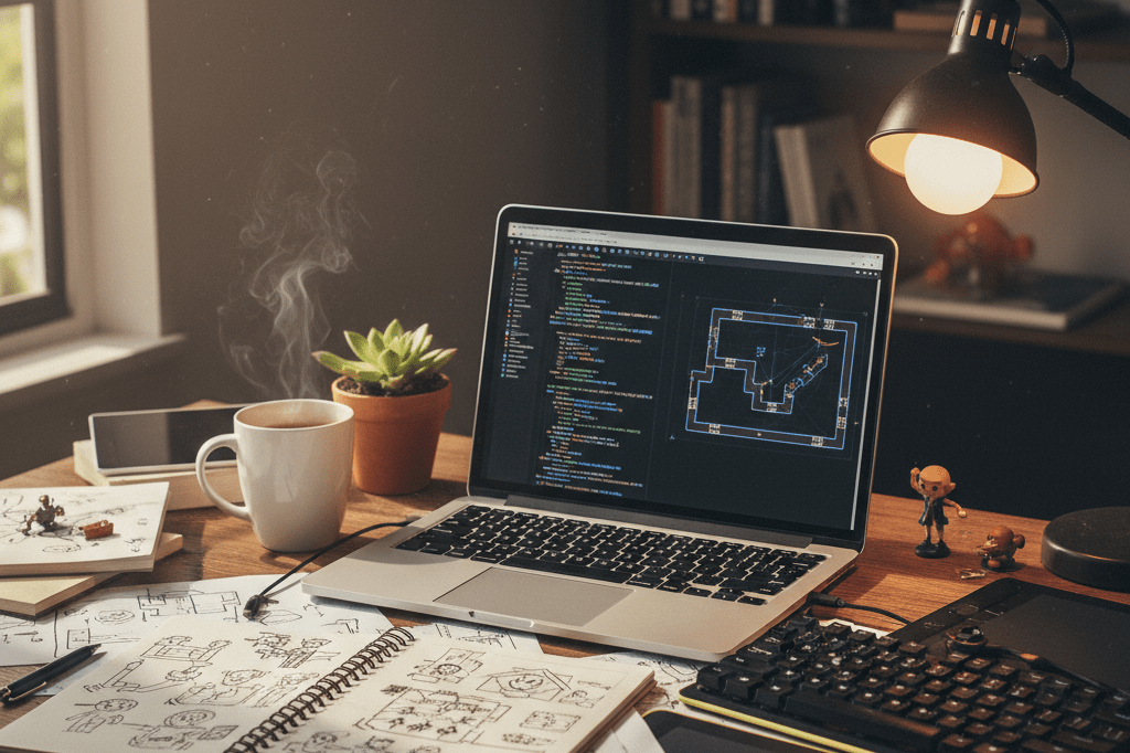 Cluttered desk with laptop, notebooks, and coffee cup under natural light, representing creative process in game development